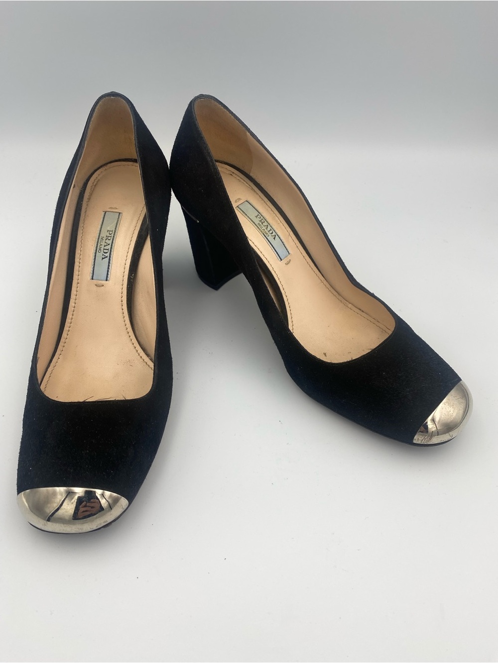 Prada Black Suede Pumps with Metallic Gold Cap Toe
